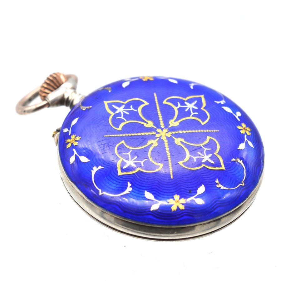 Edwardian Silver Royal Blue Guilloché Enamel Pocket/Fob Watch | Parkin and Gerrish (UK)