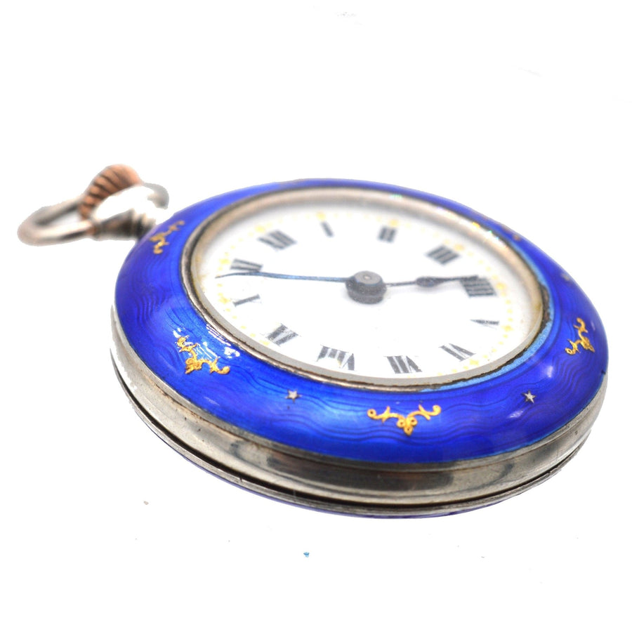 Edwardian Silver Royal Blue Guilloché Enamel Pocket/Fob Watch | Parkin and Gerrish (UK)