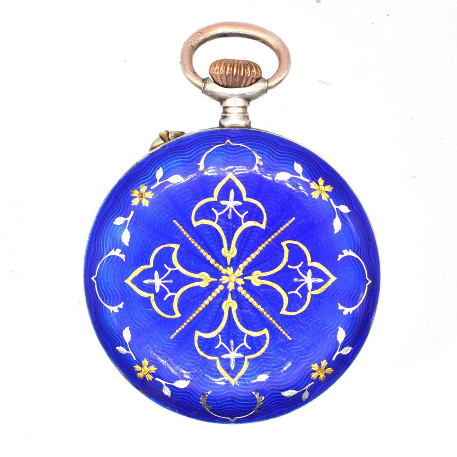 Edwardian Silver Royal Blue Guilloché Enamel Pocket/Fob Watch | Parkin and Gerrish (UK)