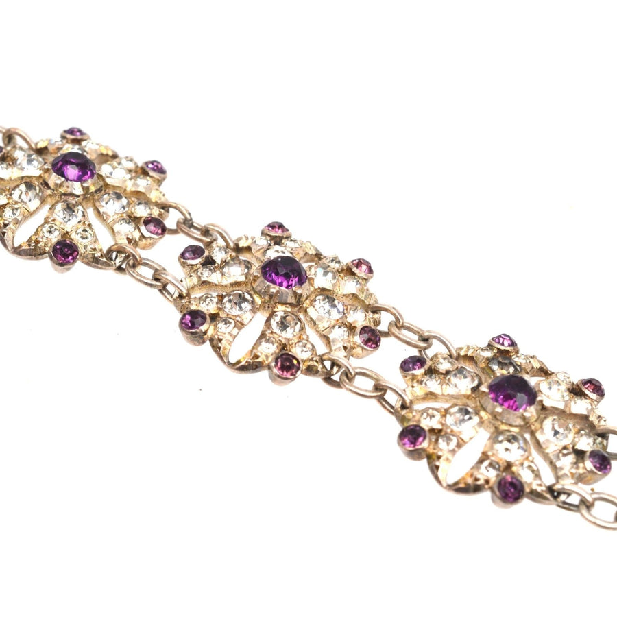 Edwardian white and purple paste floral cluster bracelet with diamond and amethyst stones, showcasing intricate designs.