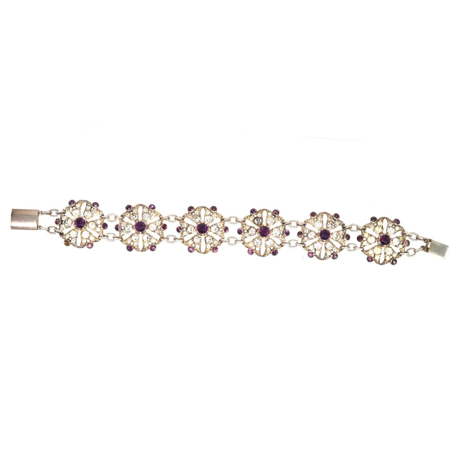 Edwardian white and purple floral cluster bracelet with diamond and amethyst paste stones, showcasing elegant design.