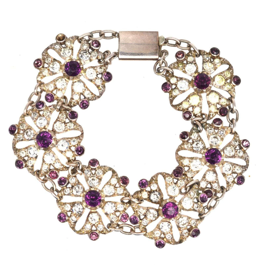 Edwardian white and purple floral cluster bracelet featuring diamond and amethyst paste stones.