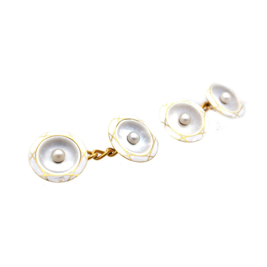 French gold enamel cufflinks with pearls and mother of pearl, unique Belle Époque design, stylish jewelry accessory.