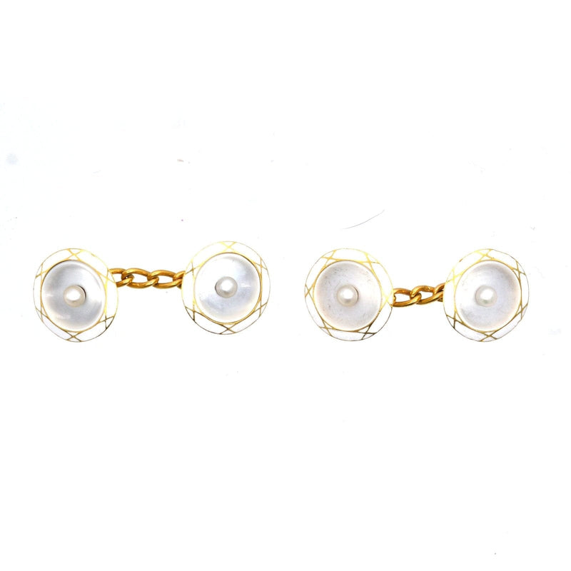 Boutons de manchette français en or 18 carats, émail, perle et nacre
