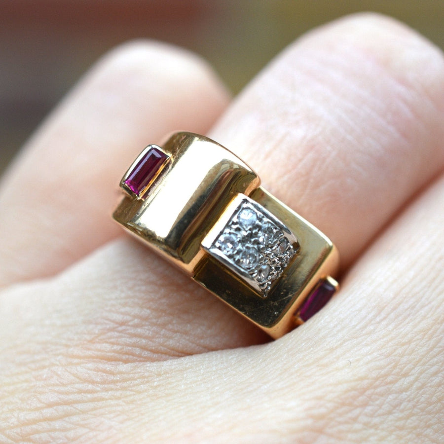French 1940s retro 18ct gold buckle ring with diamonds and rubies, perfect for unique engagement or dress ring.