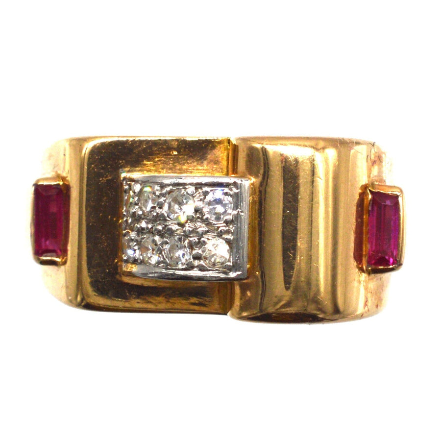 French 1940s retro 18ct gold and platinum buckle ring with diamonds and rubies, unique design for men or women.