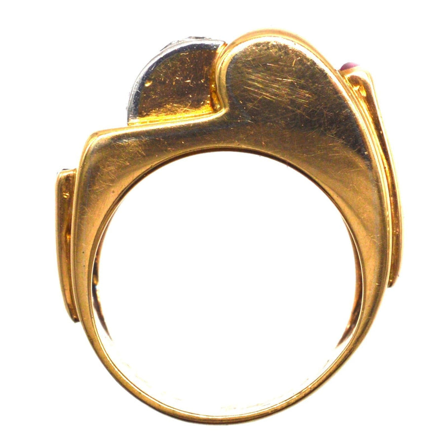French 1940s retro 18ct gold and platinum diamond ruby buckle ring, showcasing unique architectural design.