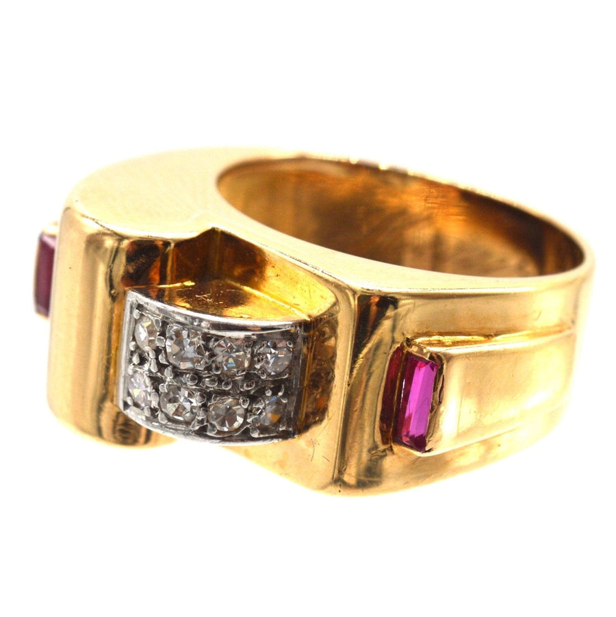 1940s French retro 18ct gold and platinum diamond ruby buckle ring, architectural design, unique engagement ring.