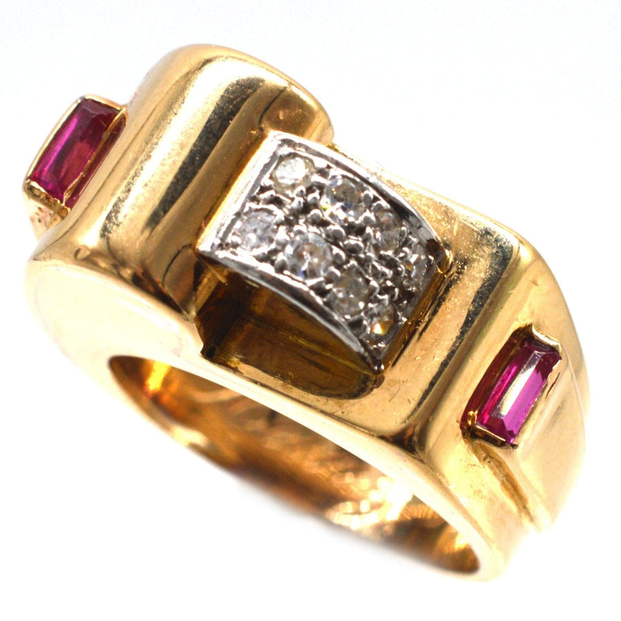 French 1940s retro buckle ring in 18ct gold with diamonds and rubies, unique vintage engagement piece.