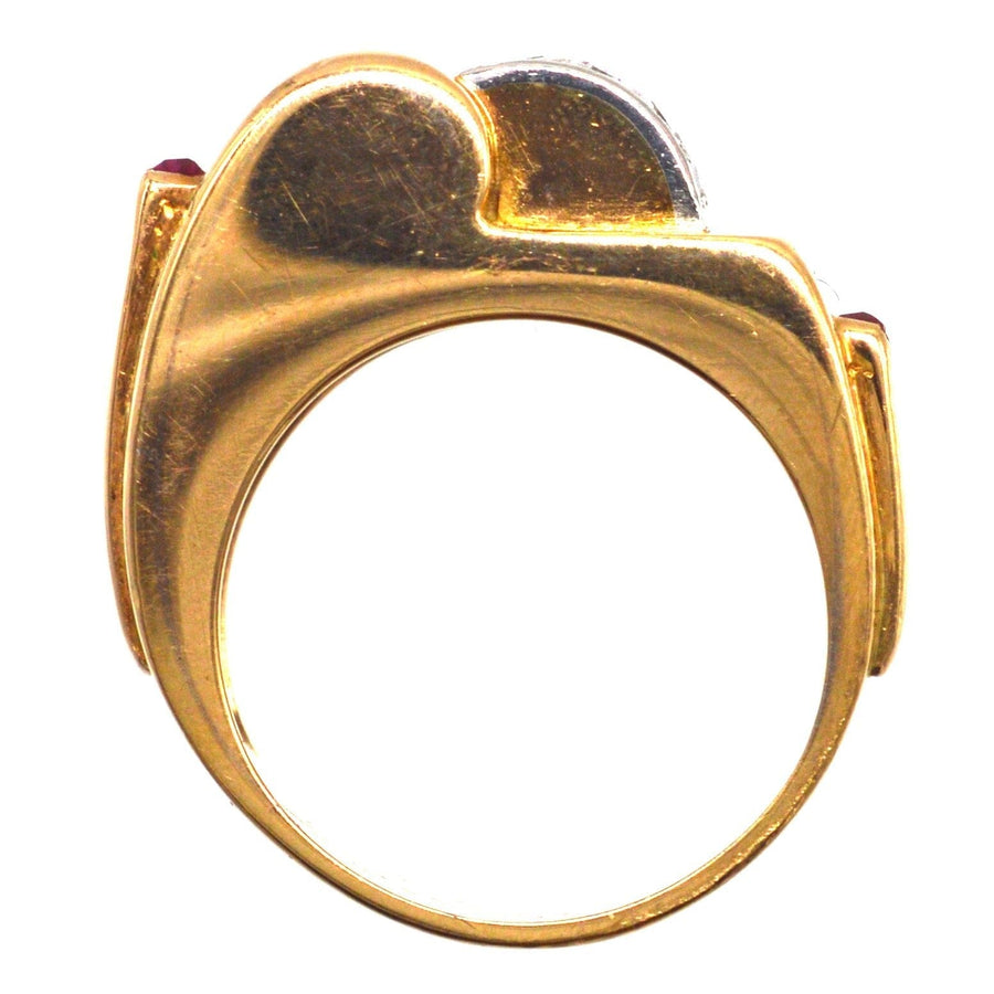 French 1940s 18ct gold buckle ring with diamond and ruby accents, ideal for engagement or dress wear.