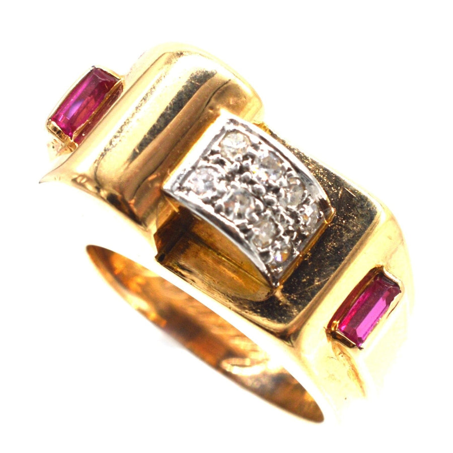 1940s French 18ct gold and platinum diamond ruby buckle ring, unique engagement or dress ring.