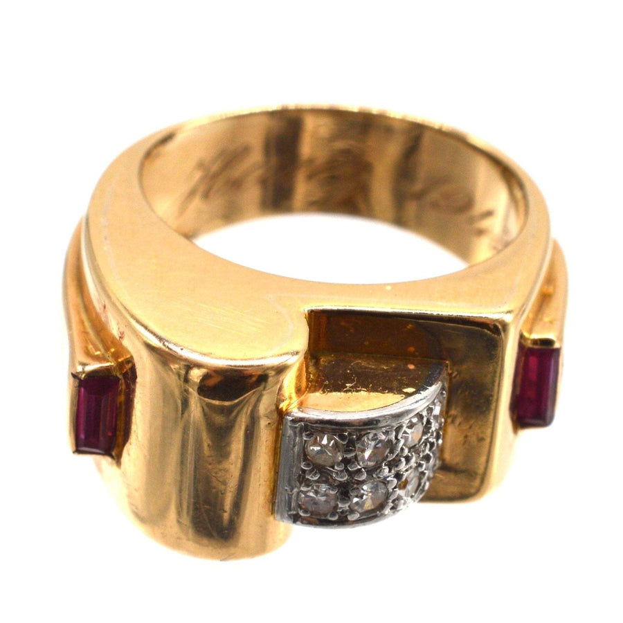 French 1940s retro gold and platinum ring with diamonds and rubies, engraved with Heinz 1943.