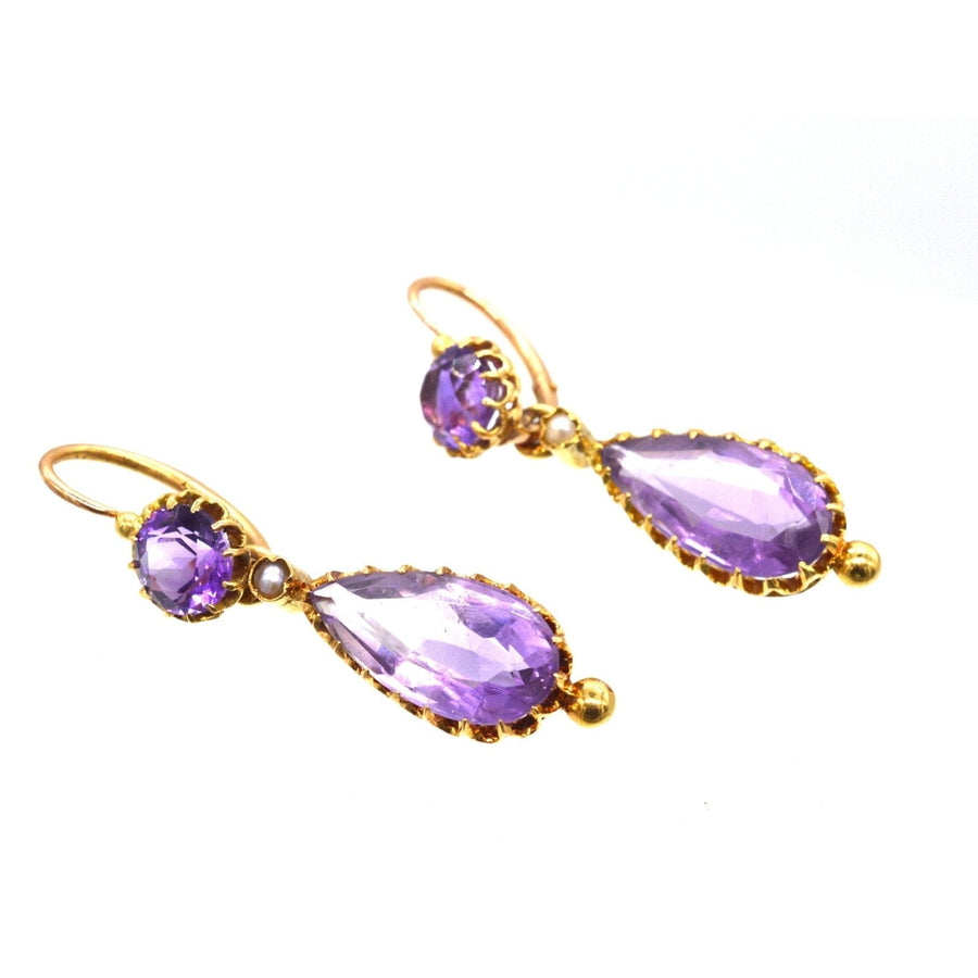 French 19th century 18ct gold earrings with amethyst and natural pearl accents, showcasing a royal purple hue.