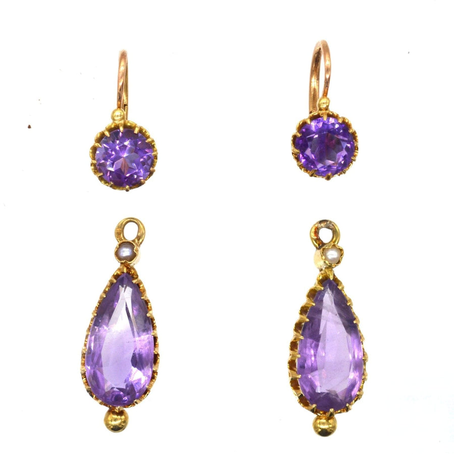 19th Century 18ct Gold earrings with royal purple amethyst and natural split pearl accents.