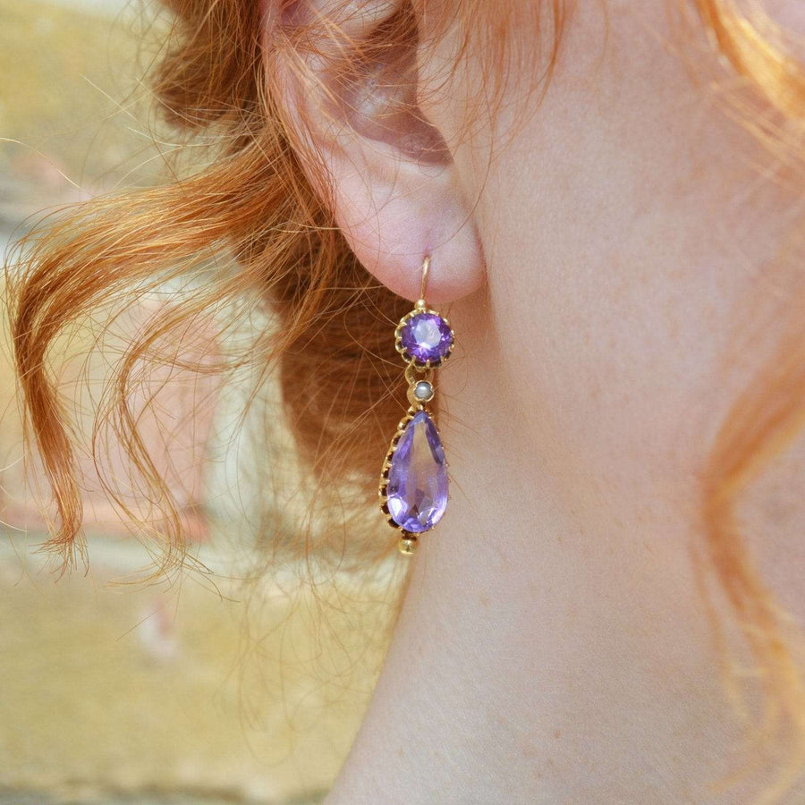 19th century 18ct gold earrings featuring royal purple amethyst and a natural pearl drop.