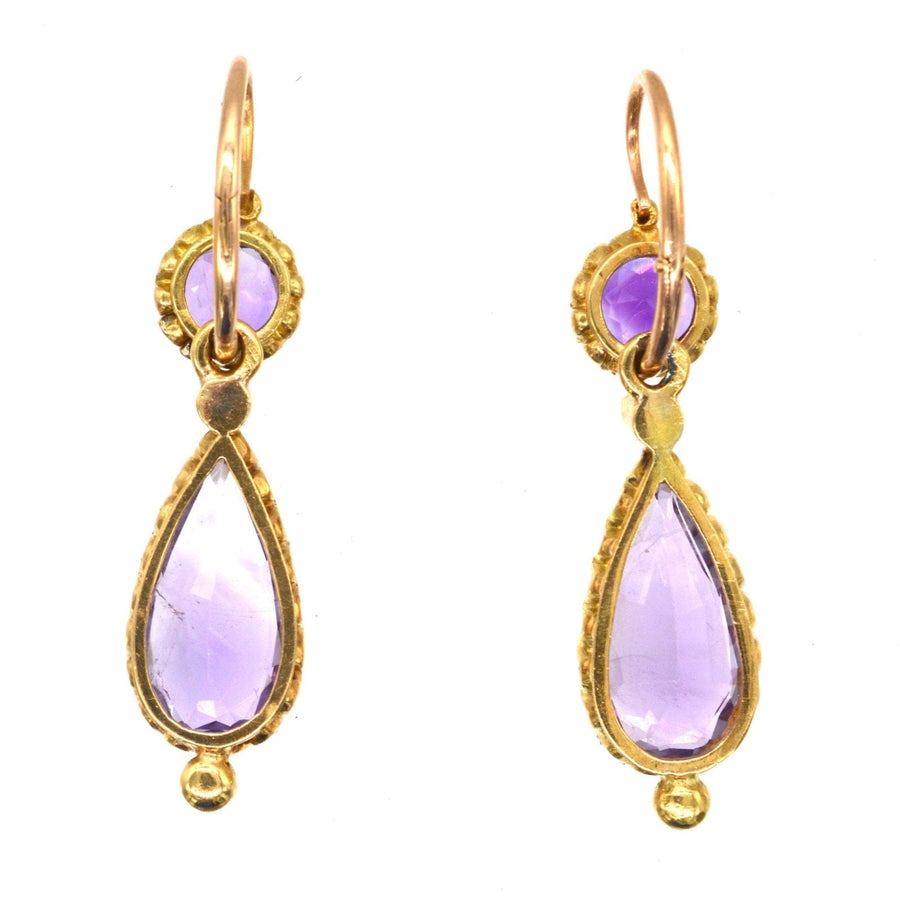 19th century gold earrings with amethyst and natural split pearls, vintage royal purple gemstone jewelry.