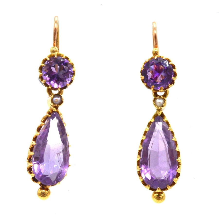 19th Century gold earrings with royal purple amethyst and natural split pearls, Georgian style design.