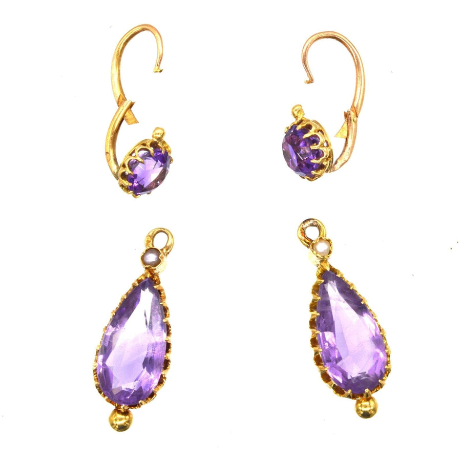 19th century gold earrings featuring amethyst and split pearl design, perfect for day or night wear.