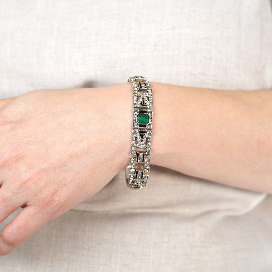 French Art Deco Emerald, Diamand and Onyx Paste Bracelet | Parkin and Gerrish | Antique & Vintage Jewellery