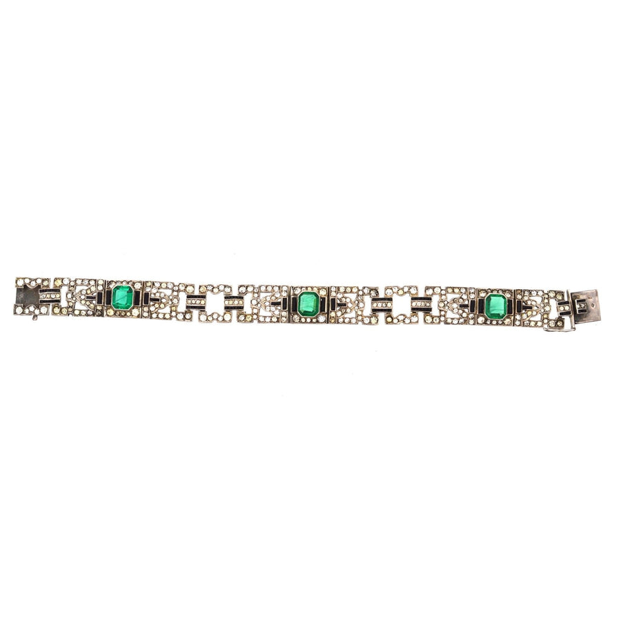 French Art Deco Emerald, Diamand and Onyx Paste Bracelet | Parkin and Gerrish | Antique & Vintage Jewellery