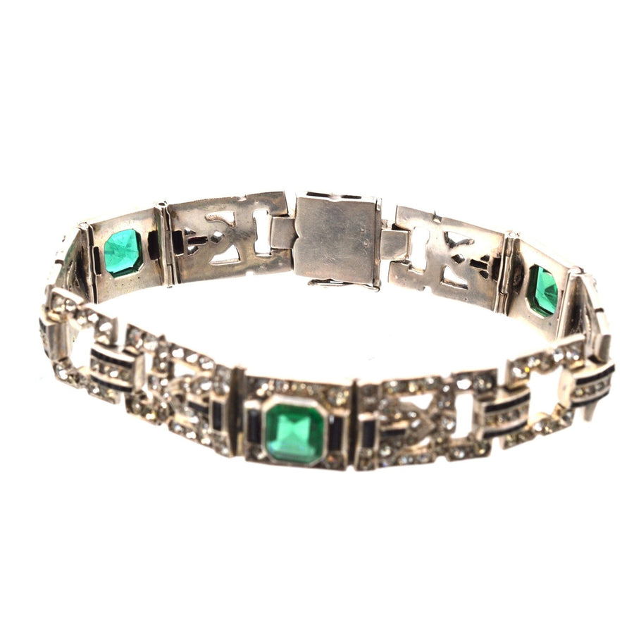 French Art Deco Emerald, Diamand and Onyx Paste Bracelet | Parkin and Gerrish | Antique & Vintage Jewellery