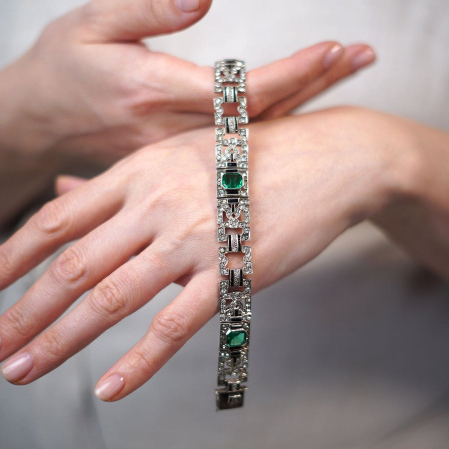 French Art Deco Emerald, Diamand and Onyx Paste Bracelet | Parkin and Gerrish | Antique & Vintage Jewellery