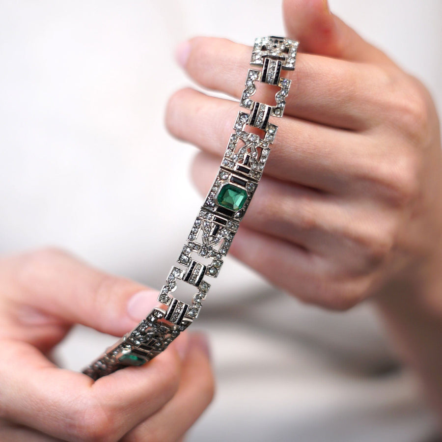 French Art Deco Emerald, Diamand and Onyx Paste Bracelet | Parkin and Gerrish | Antique & Vintage Jewellery