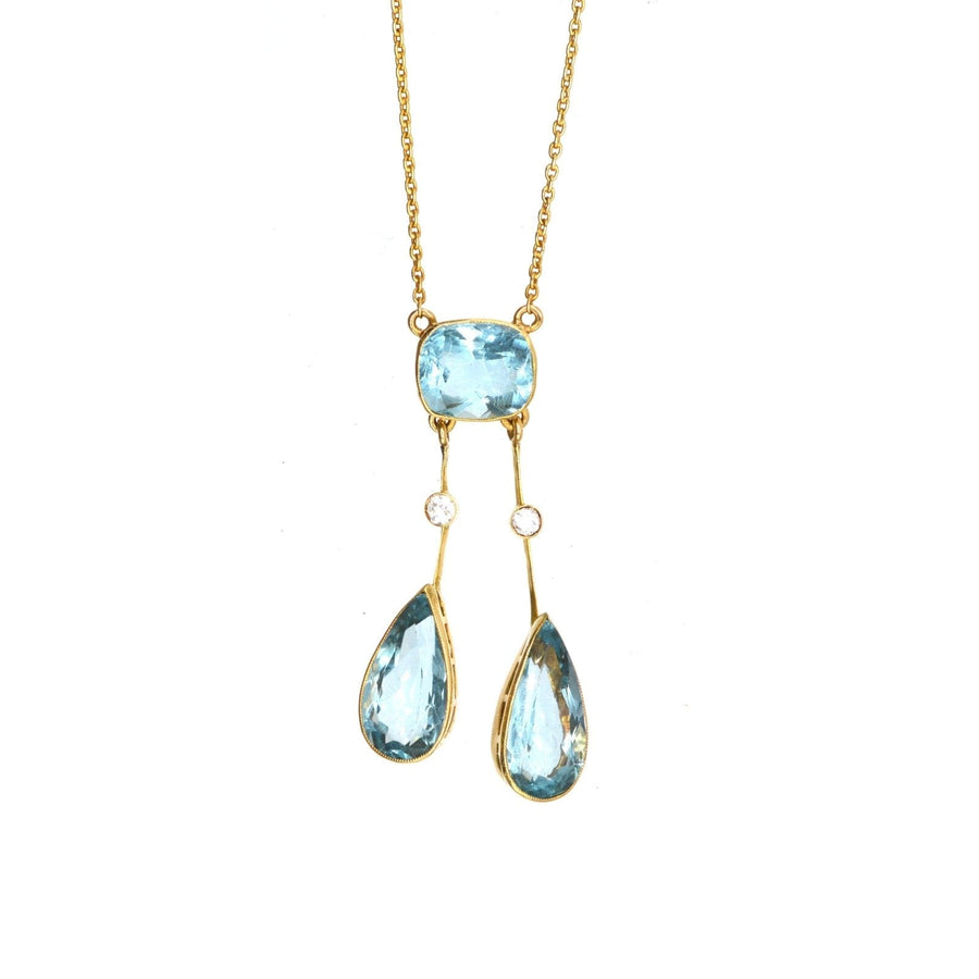 French Belle Epoque 18ct Gold, Aquamarine Double Drop Negligee Lavalliere Pendant Necklace | Parkin and Gerrish (UK)