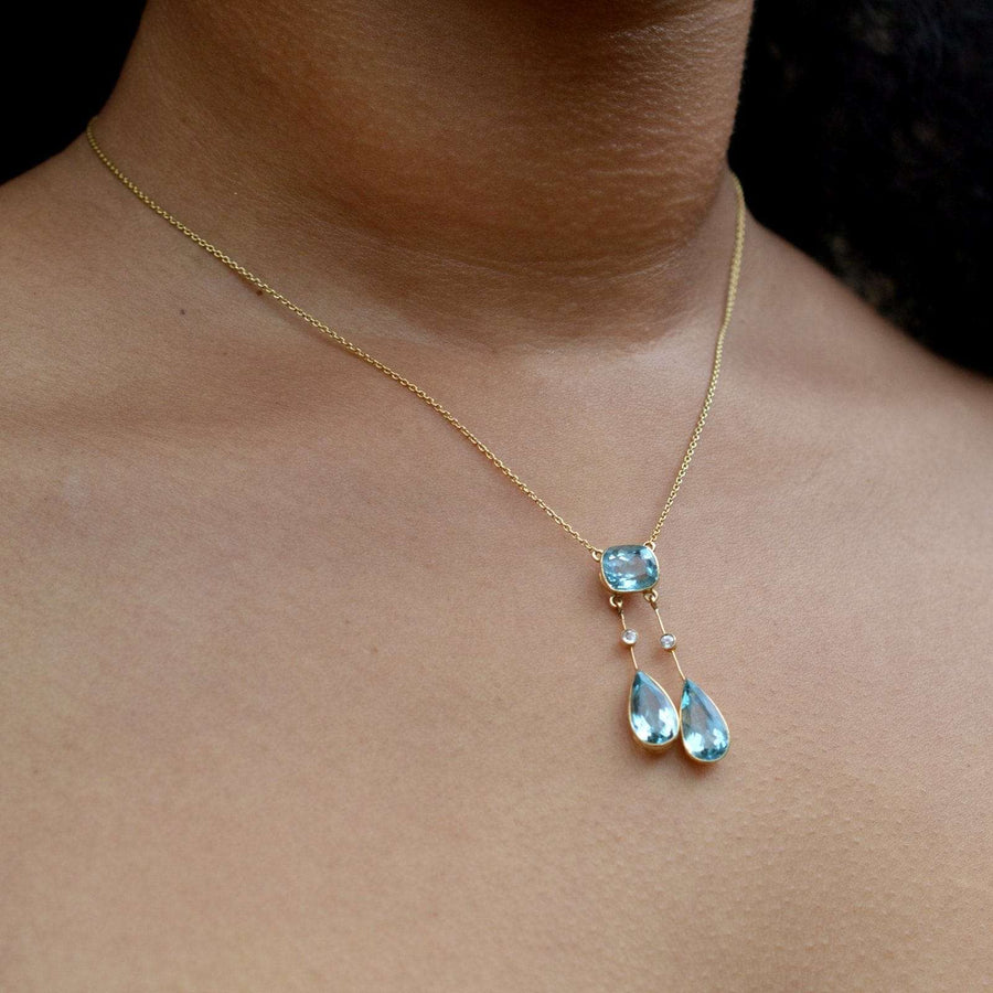 French Belle Epoque 18ct Gold, Aquamarine Double Drop Negligee Lavalliere Pendant Necklace | Parkin and Gerrish (UK)