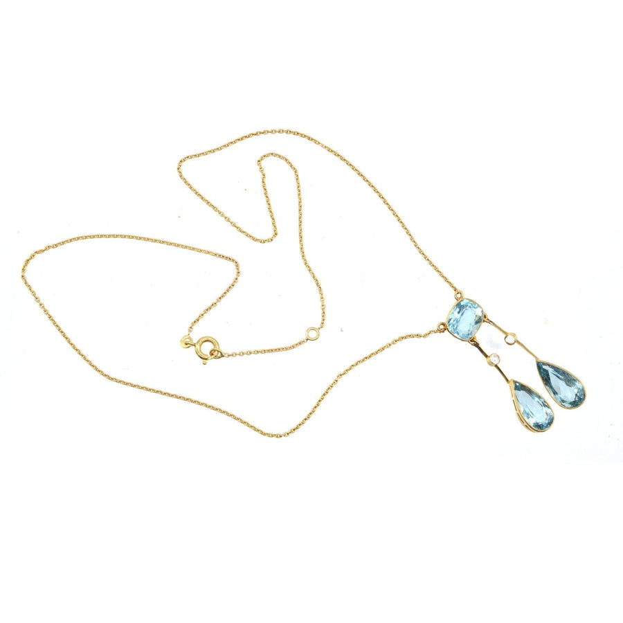 French Belle Epoque 18ct Gold, Aquamarine Double Drop Negligee Lavalliere Pendant Necklace | Parkin and Gerrish (UK)