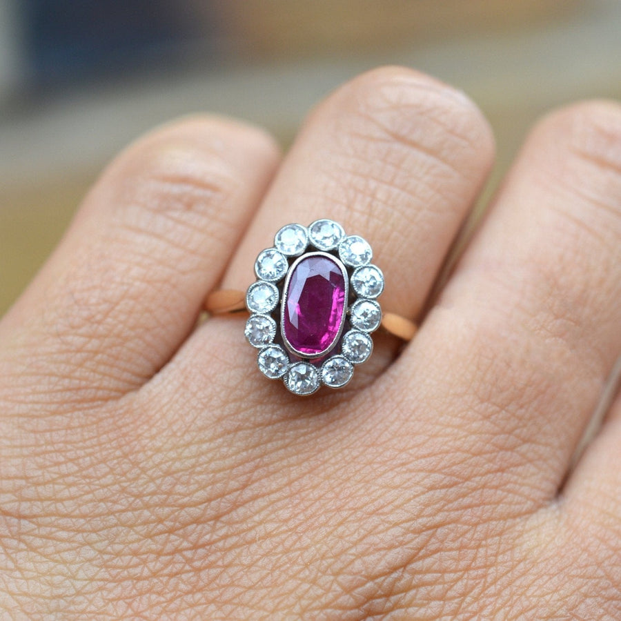 French Belle Epoque 18ct Gold & Platinum, Natural Unheated Burma Ruby and Diamond Cluster Ring | Parkin and Gerrish | Antique & Vintage Jewellery