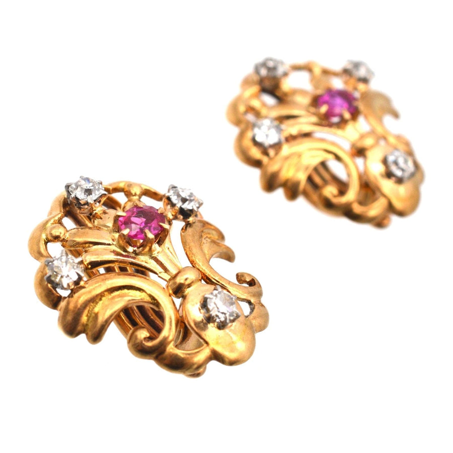 French Belle Époque 18ct Gold Ruby and Diamond Scallop Shell Clip On Earrings