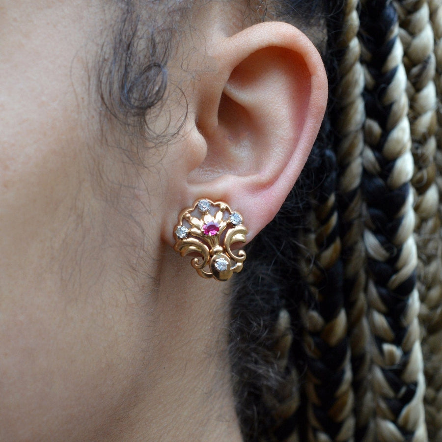 French Belle Époque 18ct Gold Ruby and Diamond Scallop Shell Clip On Earrings