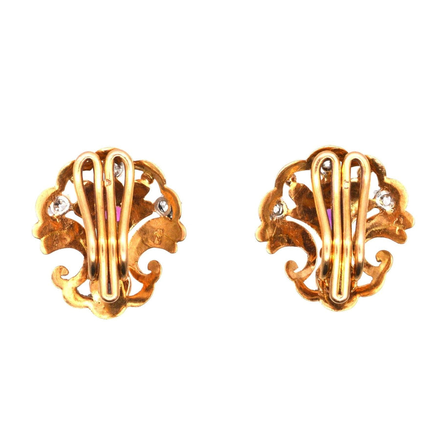 French Belle Époque 18ct Gold Ruby and Diamond Scallop Shell Clip On Earrings