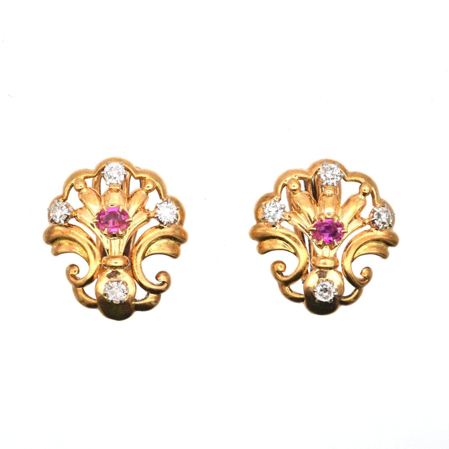 French Belle Époque 18ct Gold Ruby and Diamond Scallop Shell Clip On Earrings