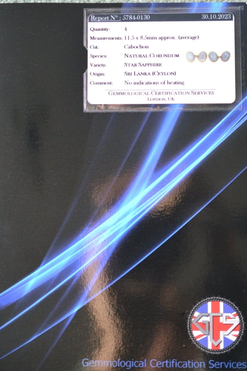 Certification report for natural star sapphires with details on size and origin.