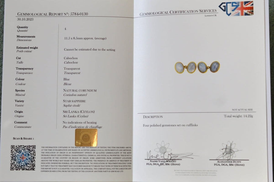Gemmological certification report for 18ct gold star sapphire cufflinks, detailing gemstone origins and characteristics.