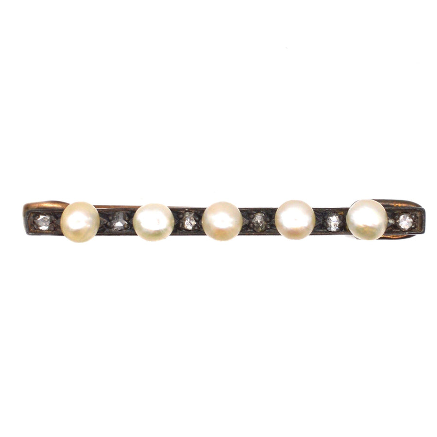 French 19th century gold and silver bar brooch featuring rose cut diamonds and five natural pearls.