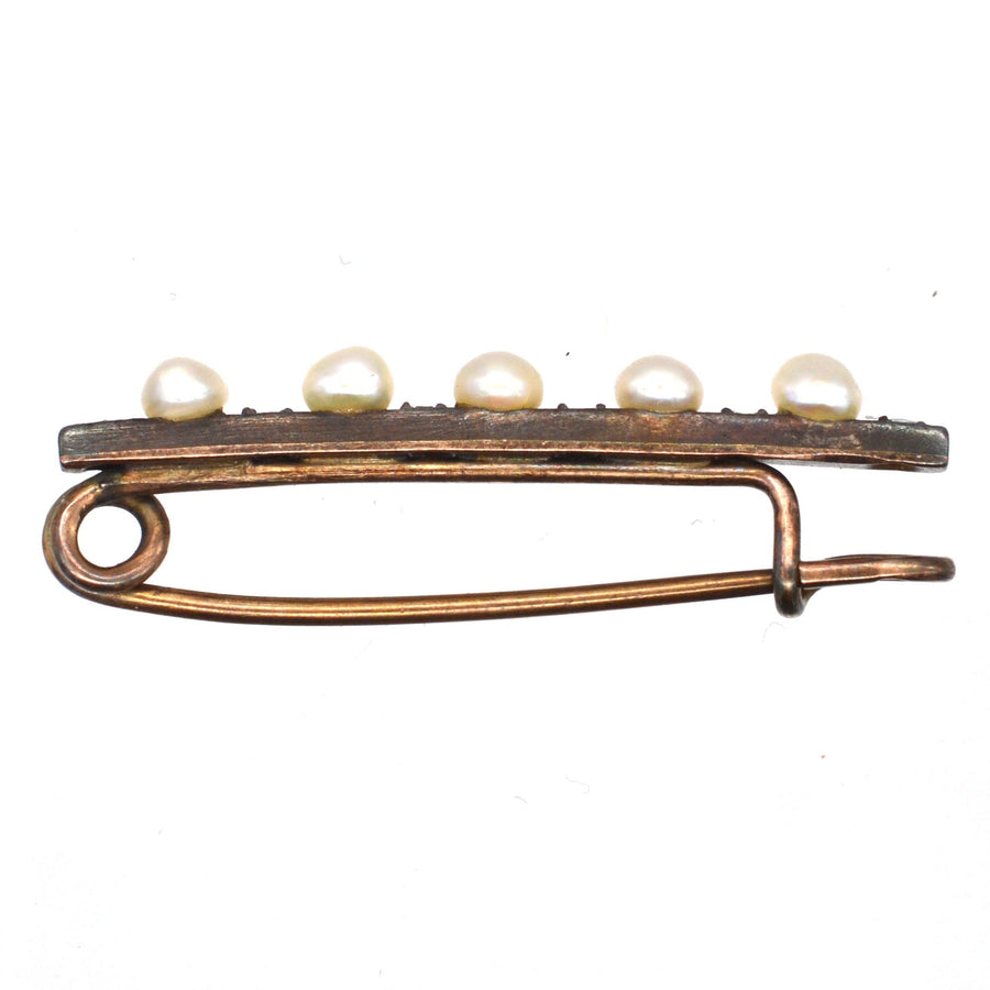 French 19th century bar brooch with five natural pearls and rose cut diamonds for added sparkle.