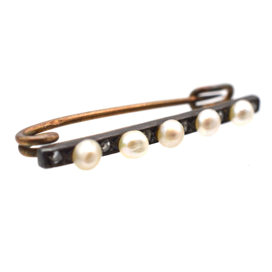 French 19th century gold and silver bar brooch with rose cut diamonds and natural pearls.