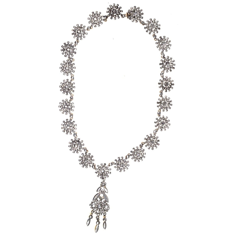 Georgian 19th century cut steel necklace with intricate design and dangling embellishments, circa 1820s.