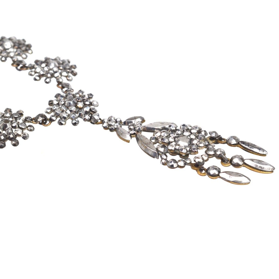 Georgian 19th century cut steel necklace with intricate floral design and dazzling shine reminiscent of diamonds.