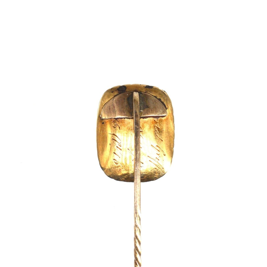 Georgian 9ct gold mourning tie pin featuring woven hair and seed pearls, engraved for Harriet Griffin, circa 1815.
