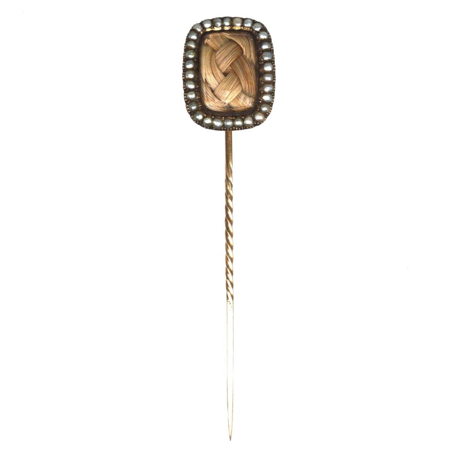 Georgian 9ct gold mourning tie pin featuring woven hair and seed pearls, engraved with Harriet Griffin's date of death.