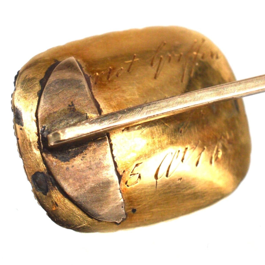 Engraved back of Georgian 9ct gold mourning tie pin featuring Harriet Griffin's memorial inscription.