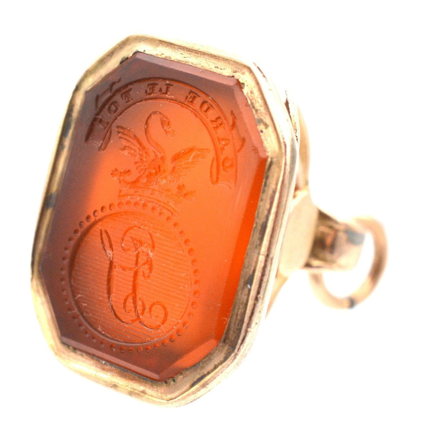 Georgian 9ct gold seal ring featuring the Stafford family crest and monogram 'JS', dating back to the 1750s.