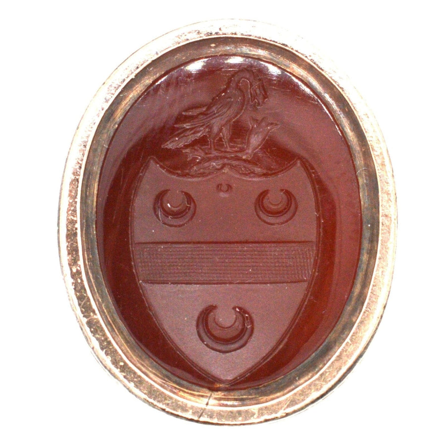 Georgian 9ct gold armorial seal featuring Lee family crest with eagle and three crescent moons.