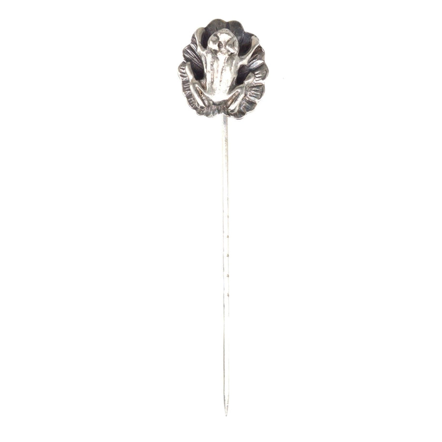 1940s German silver frog tie pin on lily pad, perfect for sophisticated occasions and unique style.