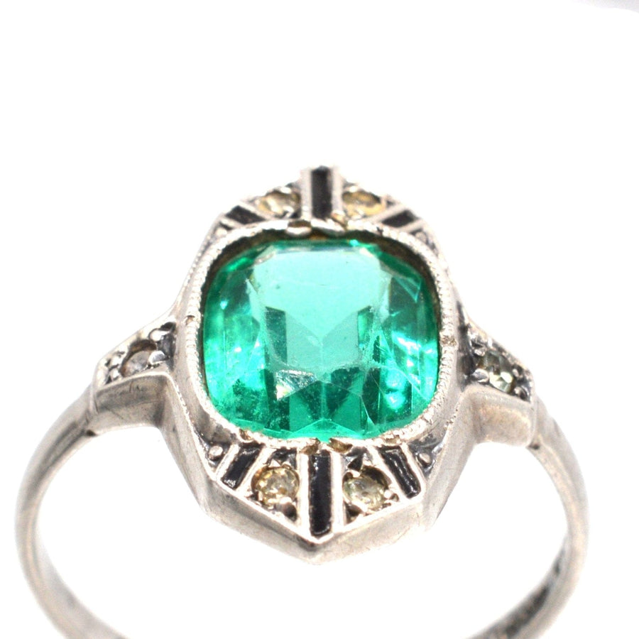 German Art Deco Silver Green 'Emerald' Paste, 'White 'Diamond' Paste & Black Enamel 'Onyx' Cocktail Ring | Parkin and Gerrish | Antique & Vintage Jewellery