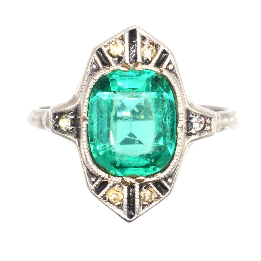 German Art Deco Silver Green 'Emerald' Paste, 'White 'Diamond' Paste & Black Enamel 'Onyx' Cocktail Ring | Parkin and Gerrish | Antique & Vintage Jewellery